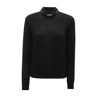 Elisabetta Franchi Turtlenecks, female, Black, Size: XL Wool Blend Jumper with Jewel Strap