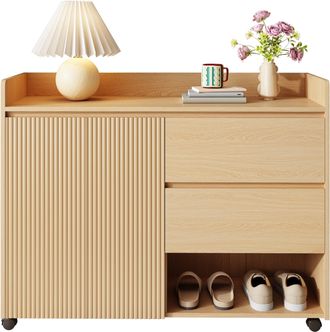 STILVORA Mueble Zapatero Con 2 Puertas, 2 Cajones Y Huecos Abiertos, Con Ruedas Con Freno, De Mdf, 110&times;35&times;86 Cm, Natural