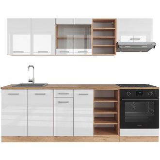 Vicco Mueble De Cocina R-line, Blanco Brillo Intenso/roble Dorado, 240 Cm, Et Roble
