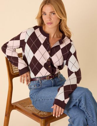 Nobody's Child Brown And Pink Argyle Print Cardigan