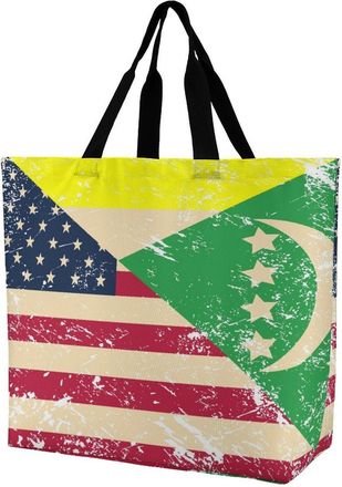 Generic U.S. And Comoros Retro Flag Large Reusable Shopping Bag Lightweight Foldable Tote Bags Washable Shoulder Handbag
