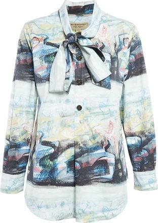 Burberry Blouse met abstracte print en gestrikte hals - Blauw