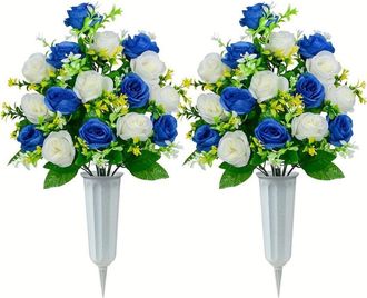 OEM Conjunto De 2 Ramos De Flores Artificiales Para Cementerios, Rosas Decorativas Para Tumbas Al Aire Libre, Hermosos Arreglos Florales Con Jarr&oacute;n, Color