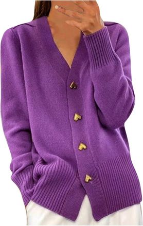 Generic Elegant Heart Button Cardigan, Lightweight Cardigans for Women V-Neck Long Sleeve Knitted Sweater 2025 Fall Trendy Tops (Purple,One Size)