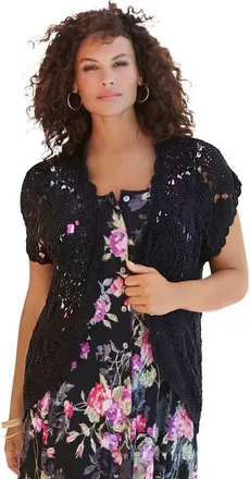 Roaman's Plus Size Scallop Trim Crochet Cardigan Sweater in Black at Nordstrom, Size 28