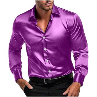 Generic Mens Shirts Smart Casual Satin Formal Shirts Long Sleeve Shiny Dress Shirt Non Iron Button Down Shirt Regular Fit Luxury Tops for Men Vintage Party Di