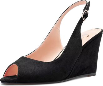 Castamere Women High Wedge Heel Peep Open Toe Sandals Slingback Slip-on Buckle Office Party Classic Shoes Black 5.5 UK