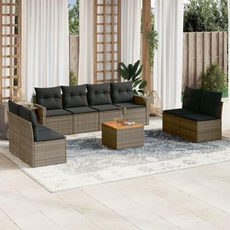 vidaXL Set De Muebles De Jard&iacute;n 9 Pzas Y Cojines Rat&aacute;n Sint&eacute;tico Gris Vidaxl