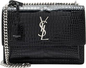 Saint Laurent Black Croc-Embossed Leather Monogram Sunset Medium Shoulder Bag (Authentic Pre-Loved)