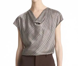 Vince Pressed Plaid Cowlneck Silk Top In Multicolor