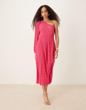 Vero Moda foil polka dot plisse one shoulder maxi dress in pink