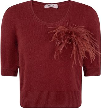 Twin-Set Sweater Short Sleeves Round Neck With Feathers
