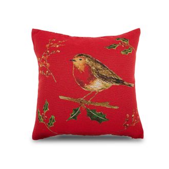 Lewis's Christmas Robin Cushion - Red | TJ Hughes