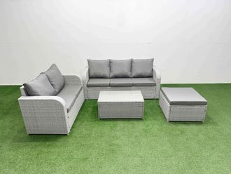 Fimous 6 Seater PE Rattan Wicker Garden Furniture Patio Conservatory Sofa Set with Rectangular Coffee Table 3 Seater Sofa Love Sofa Big Footstool
