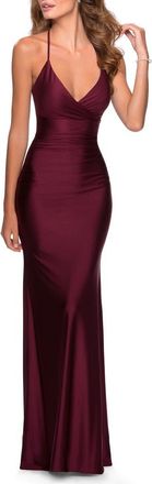 La Femme Empire Waist Dress with Ruching and Lace Up Back in Dark Berry at Nordstrom, Size 12