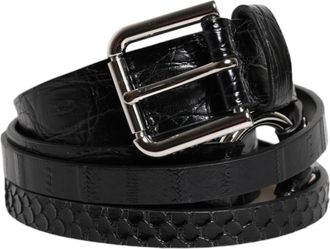 Dolce & Gabbana Black Exotic Leather Metal Logo Buckle Mens Belt (Pre-Owned)