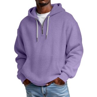 Generic Oversized Hoodie Men Quarter Zip Jumper Waffle Knit Sweatshirt Baggy Hoodies With Pocket Long Sleeve Pullover 1/4 Zip Sweatshirt Drawstring Plus Size 