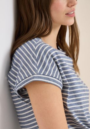 Cecil Kurzarmshirt CECIL, Damen, Gr. S (38), sporty denim blau, Jersey, Obermaterial: 100% Baumwolle, gestreift, l&auml;ssig geschnitten h&uuml;ftbedeckend, Rundhals,