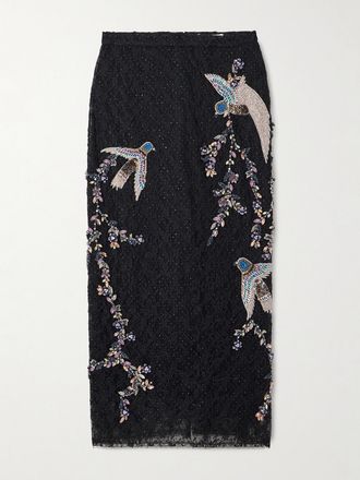 Costarellos Gonna Midi In Pizzo A Cordoncino Con Decorazioni Vivi - Nero