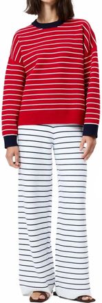 French Connection Marley Knit Striped Crew Neck Sweater In Crimson Red/ White