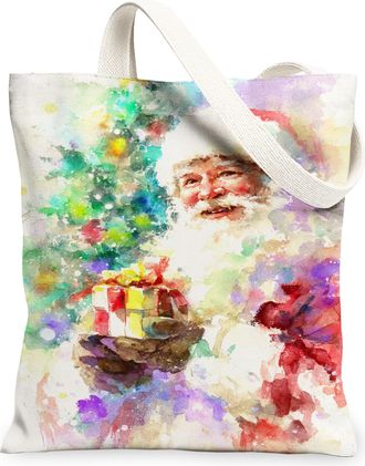Generic Christmas Santa Claus Canvas Tote Bags, Colorful Art Pattern Reusable Grocery Bags, Vintage Lightweight Washable Shoulder S, Multicolor, 13x15 Inch
