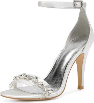 Generic Wedding Bridal Shoes Womens Peep Toe Bridal Stiletto Heel Sandals Satin Prom Party Dress Pumps 10.5CM,Ivory,6 UK