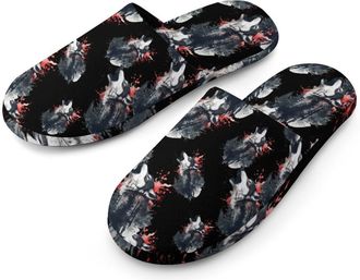Generic Wolf Howling in Forests Flannel Mens Slip-on Slippers Winter Warm House Shoes with Rubber Sole for Home Hotel