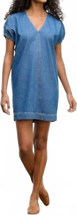 Velvet Aurora Puff Sleeve V Neck Mini Dress In Classic Denim