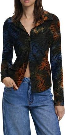 Desigual Abstract Stripe Metallic Long Sleeve Button-Up Shirt in Green at Nordstrom Rack, Size X-Small