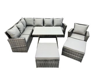 Fimous 9 Seat Rattan High Back Corner Sofa Set with Big Stool in Dark Grey