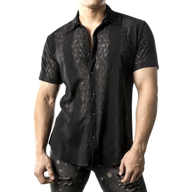 JOGAL Mens Floral Lace Shirt See Through Short Sleeve Casual Button Down Shirts  Black Leaf XX-Larg from 19.99 - on Stylight