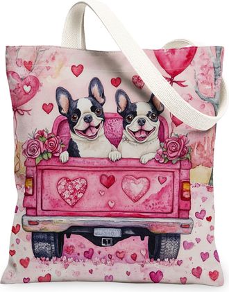 Generic Valentines Day Boston Terrier Dog Canvas Tote Bag for Shopping 13x15, Fun Truck Puppy Reusable Grocery Print Pattern Bag for Women, Couple Beach Aesth