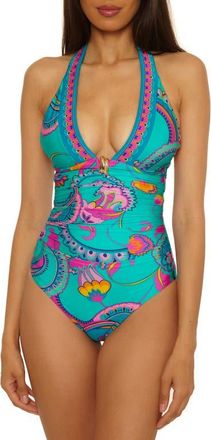 Trina Turk Mykonos Plunge One-Piece Swimsuit in Turquoise Multi at Nordstrom, Size 4