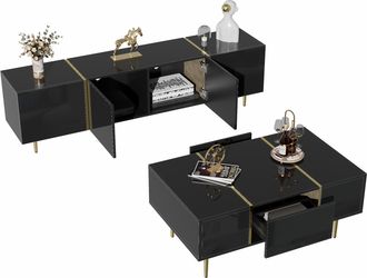 STILVORA Conjunto De Muebles De Sal&oacute;n Con Mueble De Tv Y Mesa De Centro, Almacenaje Con Puertas Y Cajones, Mdf, Negro