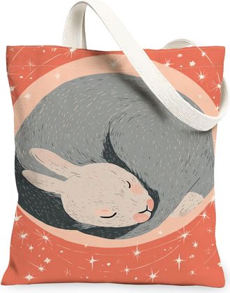 Generic Coral Rabbit Canvas Tote Bags, Cute Animal Pattern Reusable Grocery Bags, Lightweight Washable Shoulder Strap Canvas for Ou, Coral, 13x15 Inch