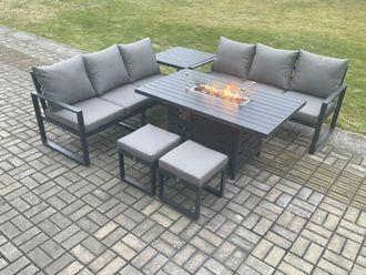 Fimous Aluminium 8 Seater Outdoor Garden Furniture Lounge Sofa Set Gas Fire Pit Dining Table with 2 Small Footstools in Dark Grey