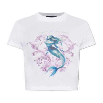 Versace Jeans Couture T-Shirts, female, White, Size: XS T-shirt with Print and Shimmering Sequins