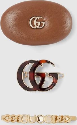 Gucci Hair Clip Set, Brown, Leather