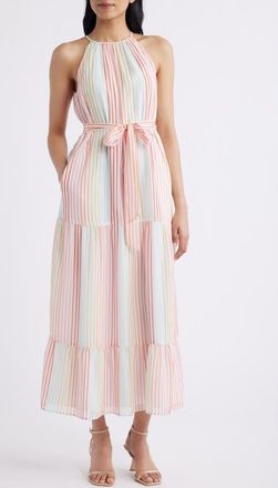 Eliza J Stripe Sleeveless Midi Dress in Ivory Multi at Nordstrom, Size 16