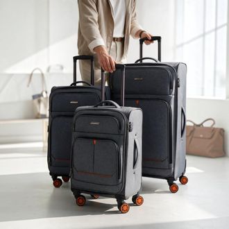 Infinity Leather Zachte linnen koffer zwart, 8 wielen, lichtgewicht reisbagage