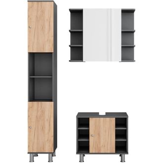 Vicco Conjunto De Muebles De Ba&ntilde;o Fynn, Antracita/roble Dorado, 3 Partes Con Unidad Alta, Vicco