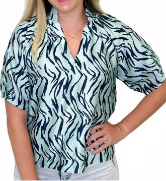 THML Clothing Zara Print Blouse In Light Pastel Aqua & French Navy