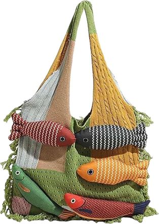 Generic 3D Fish Knitted Tote Bag,Cute Cartoon Fish Patchwork Shoulder Bags,Large Capacity Bohemian Hobo Handbag for Travel Vacation (F)