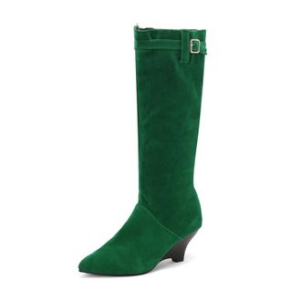 Generic Womens Wedge High Heel Long Boots Pointed Toe Knee High Boots with Side Zipper Faux Suede Western Boot with Buckle,Green,8.5 UK
