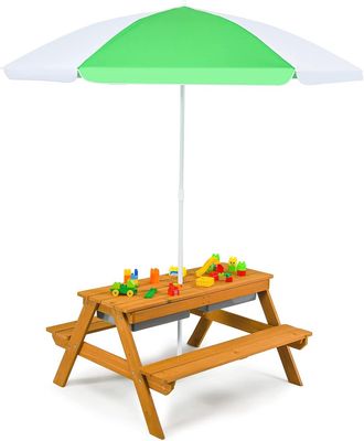 Costway Mesa De Picnic Para Ni&ntilde;os 3 En 1 Con Sombrilla Desmontable Y Ajustable En Altura, Mesa De Agua Y Arena Para Ni&ntilde;os Con Tabla Desmontable Para Jard&iacute;n, P