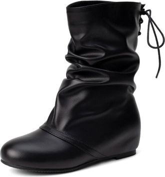 Generic Womens Slouchy Ankle Boots PU Leather Round Toe Wedge Heel Lace Up Adjustable Soft Upper Cushioned Insole Flexible Fit Durable Outsole,Black,8.5 UK