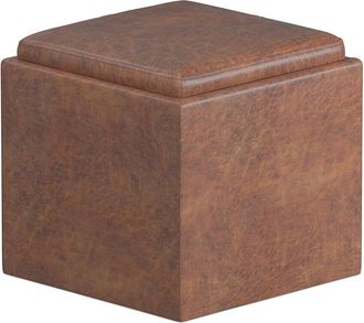 Simpli Home Rockwood 17in Contemporary Square Cube Storage Ottoman with Tray