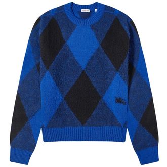 Burberry Mens Large Check Crew Knit Blue Sweatshirt Wool - Size Large