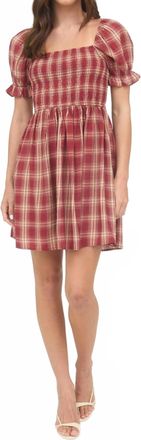 Blu Pepper Plaid Laid Smocked Puff Sleeve Mini Dress In Rust