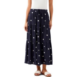 Karen Kane Floral Embroidered Tiered Cotton Midi Skirt in Navy at Nordstrom, Size Small
